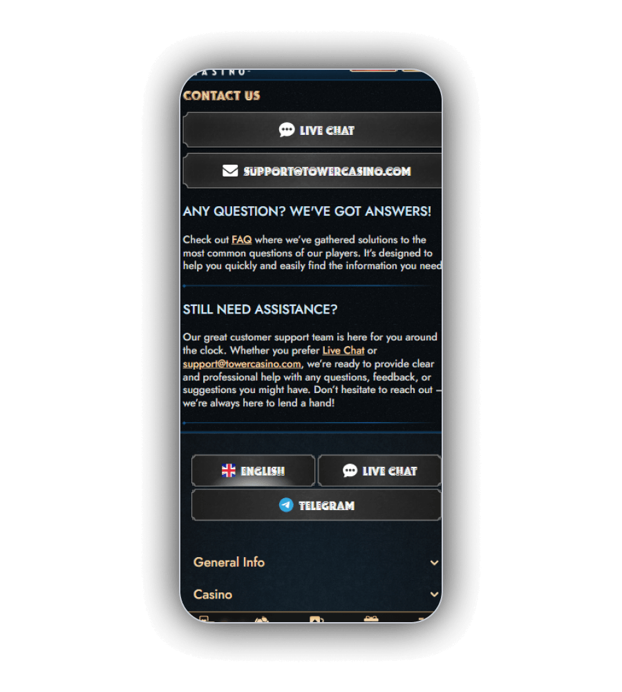 Contact options for live chat email Telegram and English